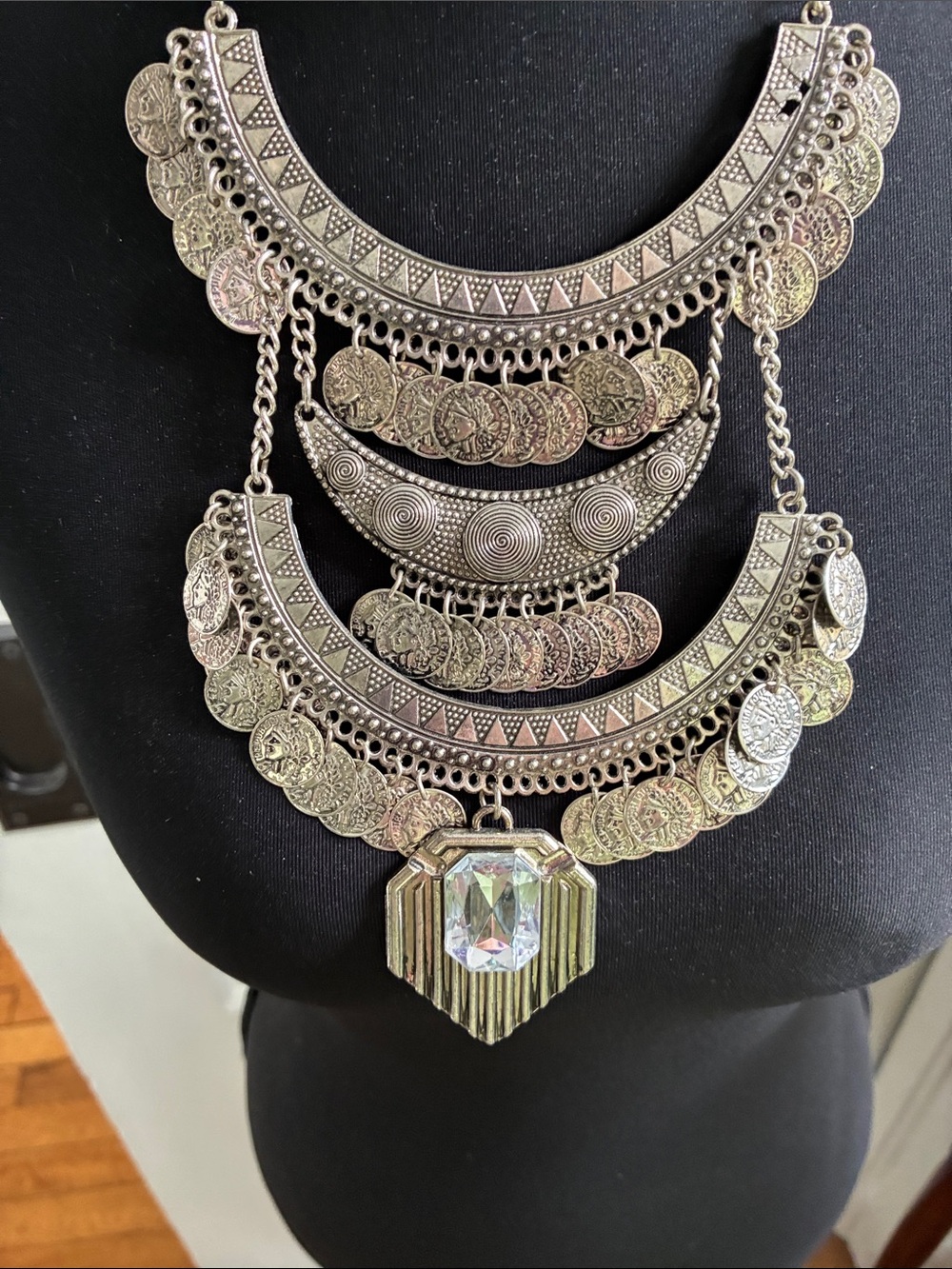 259 Silver-Tone Layered Coin Statement Necklace with Clear Faceted Pendant